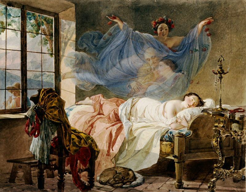 Watercolor of girl dreaming